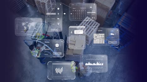 Animation-of-data-processing-on-screens-over-warehouse