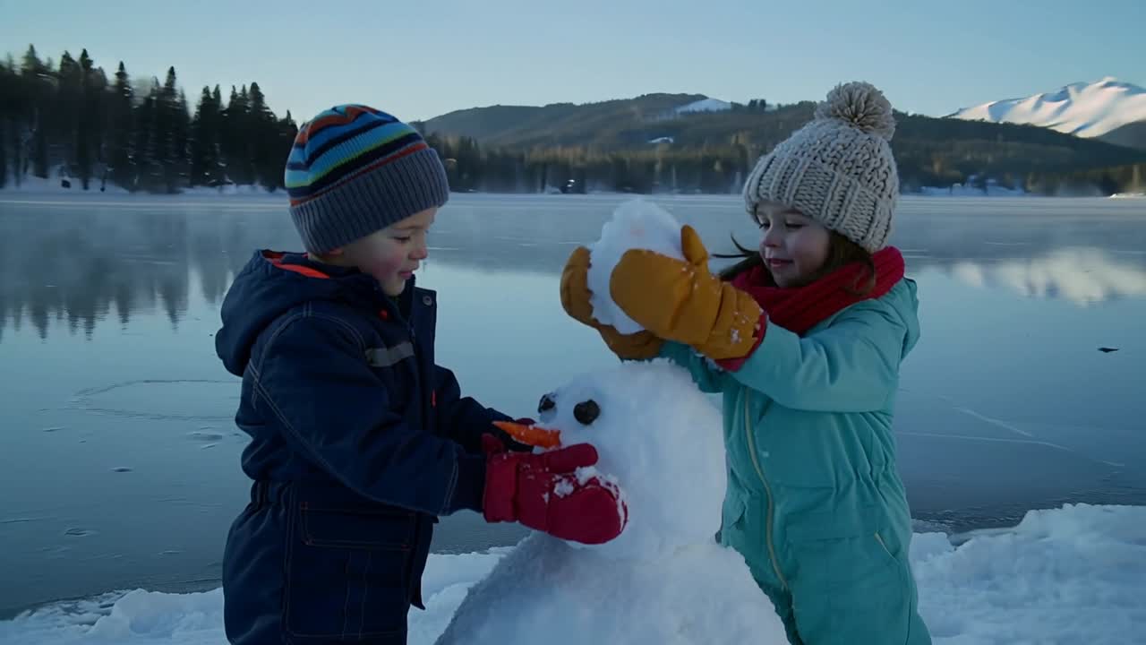Two kids in coat kneeling by lake, building snowman for fun with carrot nose coal eyes
