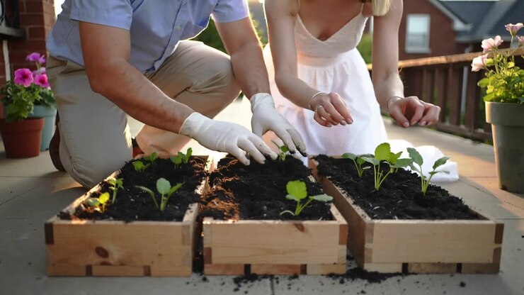 Uomo guantato che pianta, donna in ginocchio sulla terrazza dopo aver riempito il terreno, inserisce le piante in tre fioriere.