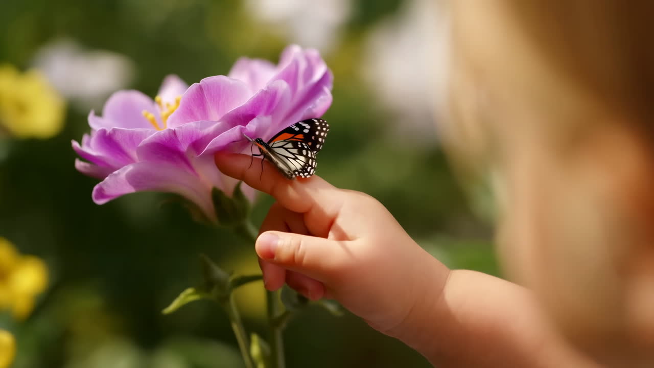 Butterfly Rests on a Child's Finger Near a Vibrant Flower