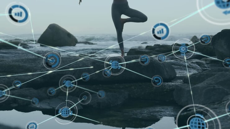 Network of connection icons against woman practicing yoga near sea shore