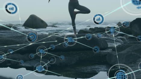 red de iconos de conexión contra la mujer practicando yoga cerca de la orilla del mar