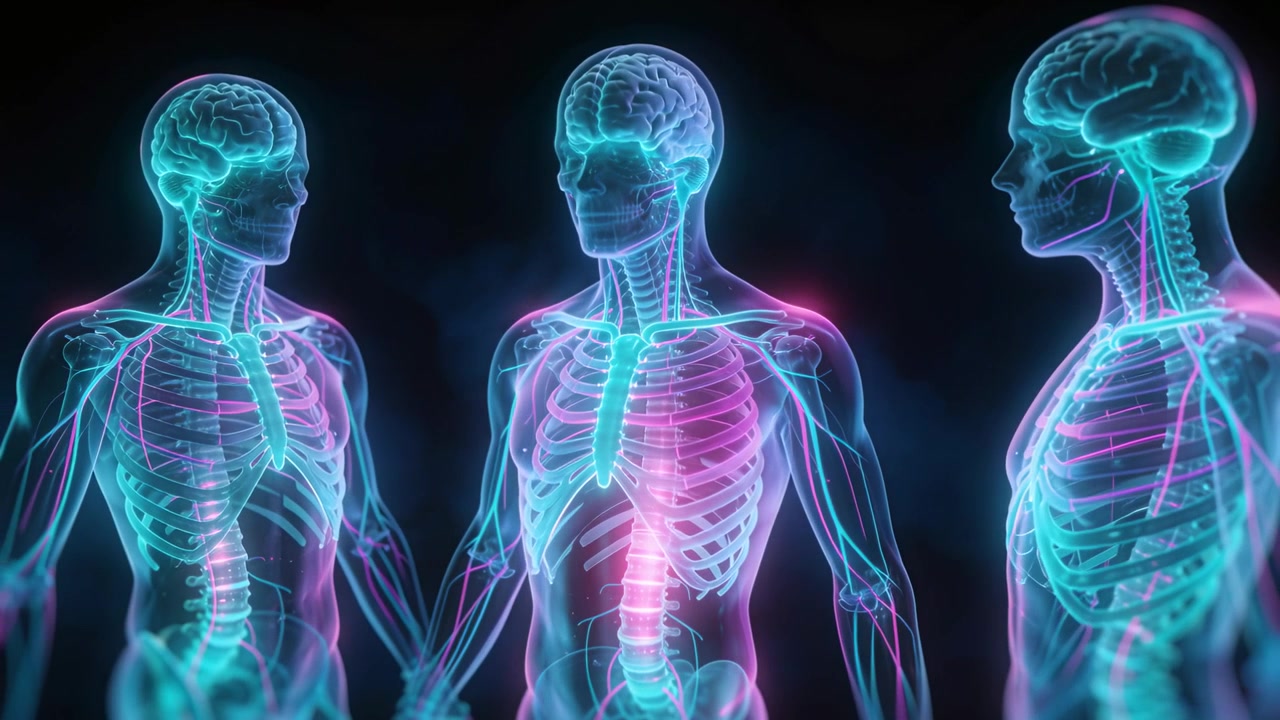 Pulserend centraal hologram draait in donkere ruimte na puls, toont hersenen en ruggengraten voor onderzoek.