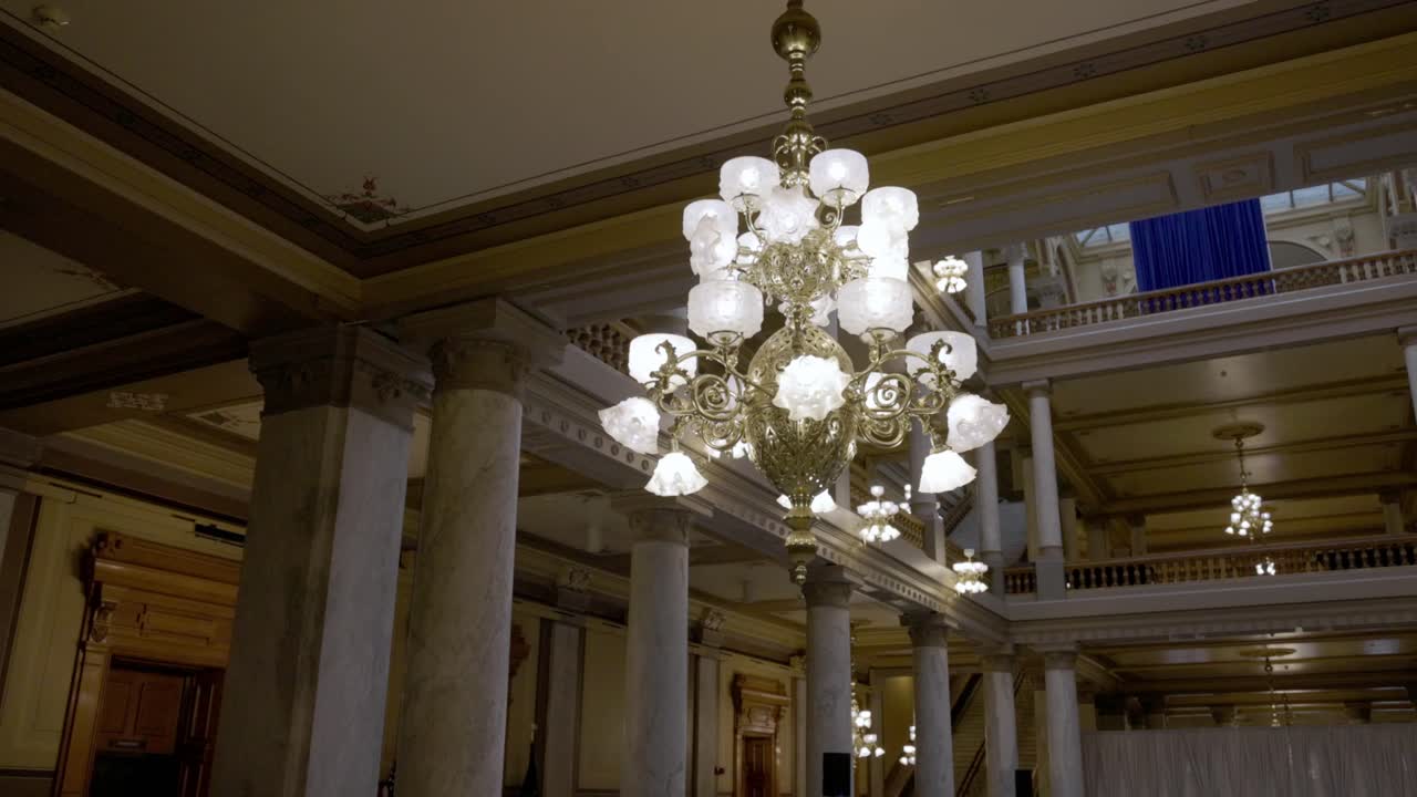Chandelier inside the Indiana State Capitol building in Indianapolis, Indiana with gimbal video walking around.
