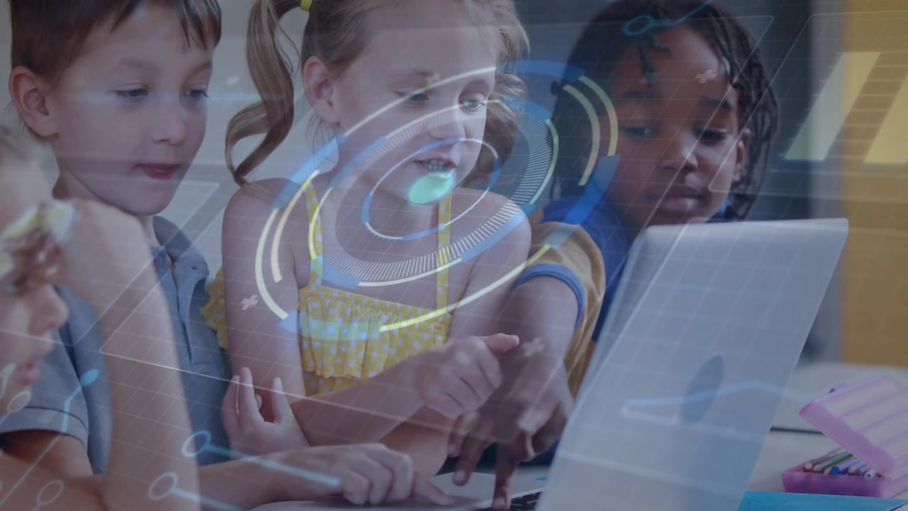 Students around laptop, girl in yellow pressing keys, holo rings expanding around laptop for lesson