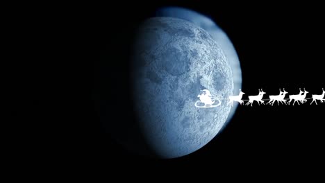 animation of santa claus in sleigh with reindeer passing over moon and stars