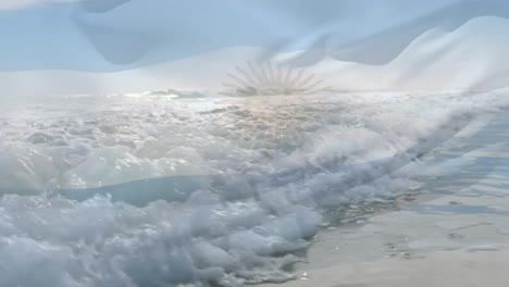 Digital-composition-of-argentina-flag-waving-against-aerial-view-of-waves-in-the-sea