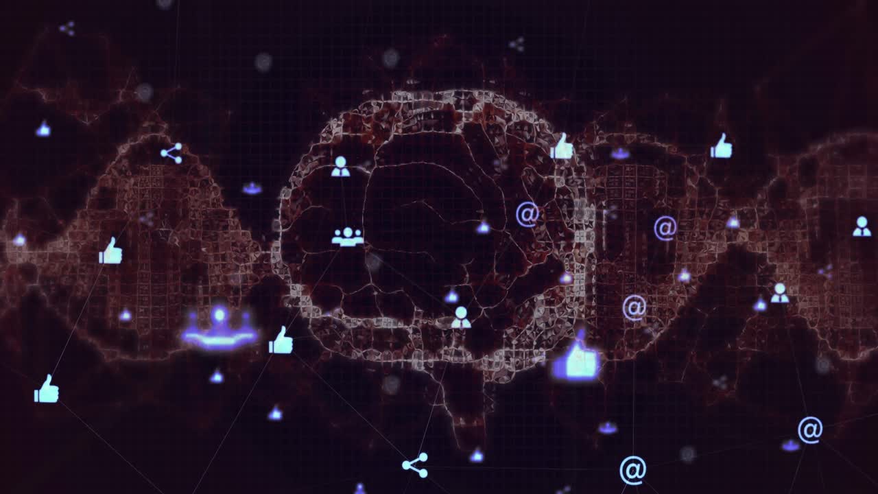 Animation of digital brain and data processing,with purple icons floating on black