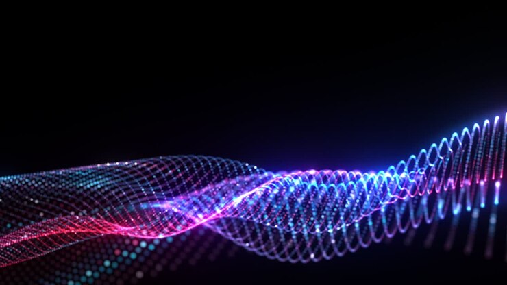 Abstract seamless loop of mesh glowing blue red digital abstract luxurious sparkling wave particles flow background,Motion of digital data flow.big data background concept. Cyber or technology background