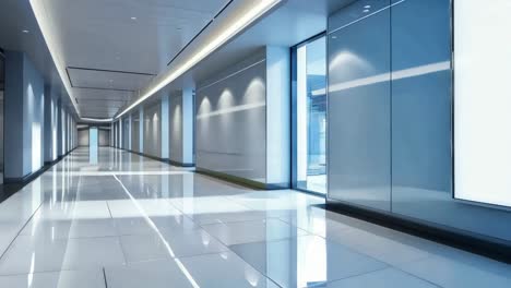 a long hallway with a large screen on the wall