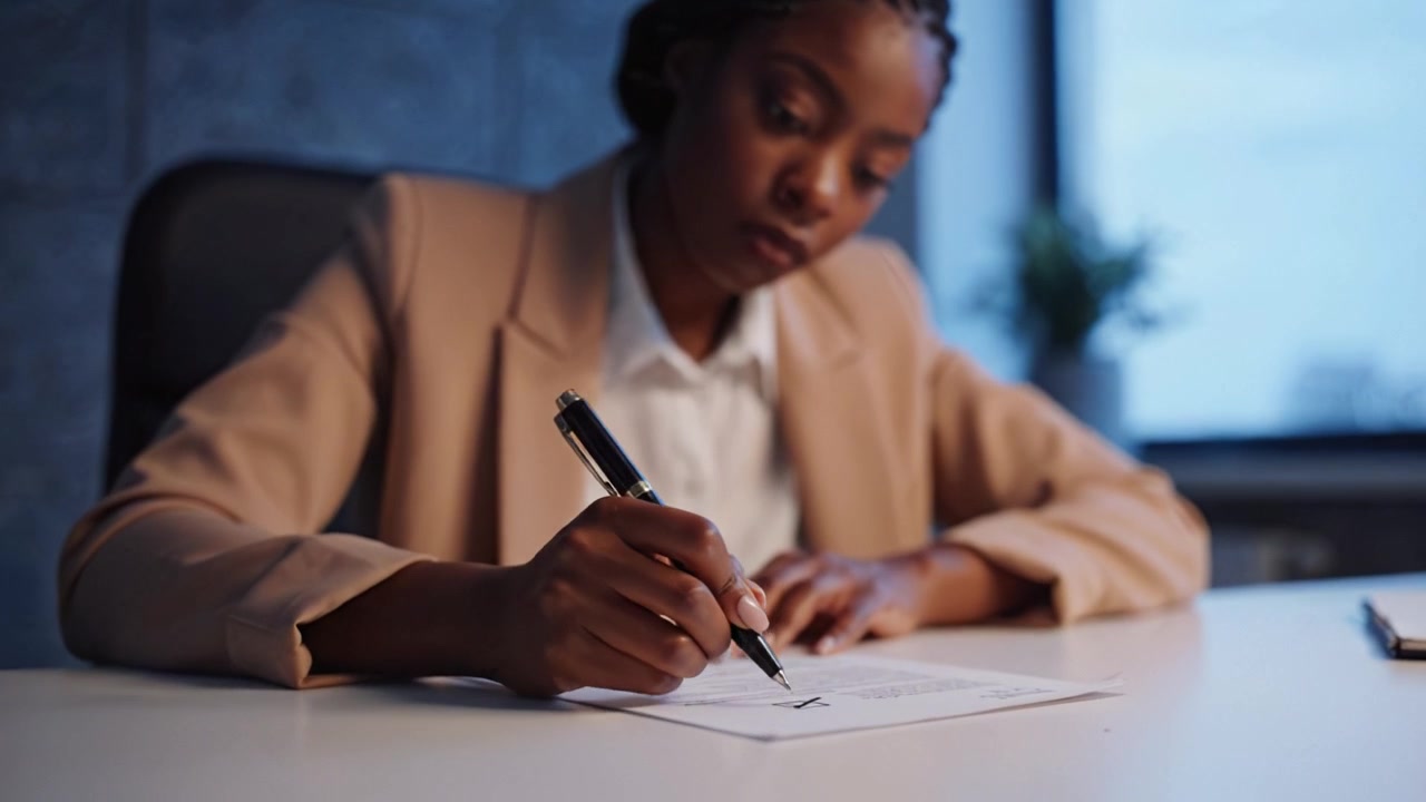 Focused Businesswoman Writing Notes at Desk in Modern Office Setting as Daylight Fades, Capturing the Essence of Professionalism and Concentration