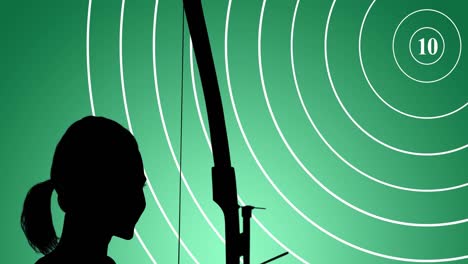 animation of target and silhouette of female archer with bow on green background