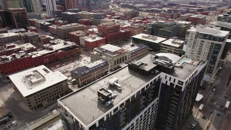 Union-Station-Denver,-Colorado-Surrounded-By-Downtown-Cityscape-Buildings