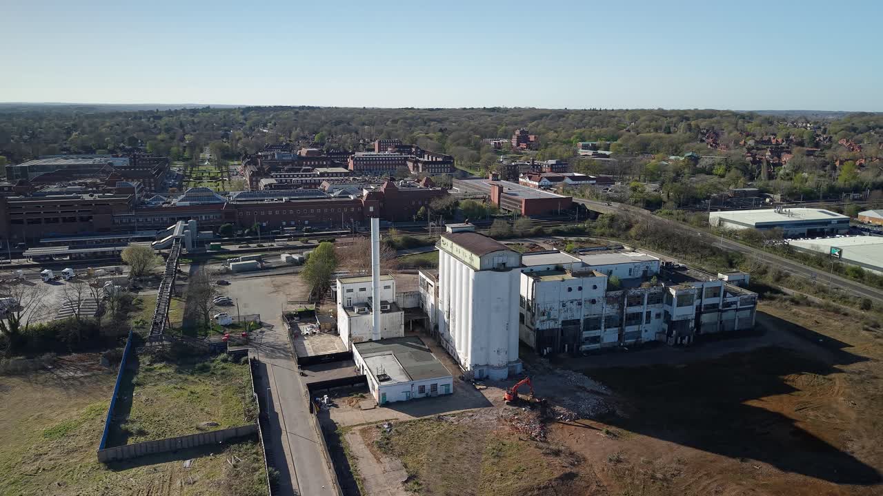 Wheat quarter regeneration aerial view orbiting vacant site offices and boiler house land renovation