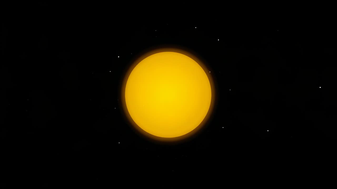 Appearing bright yellow sphere pulsating gently in deep space, with distant white star points