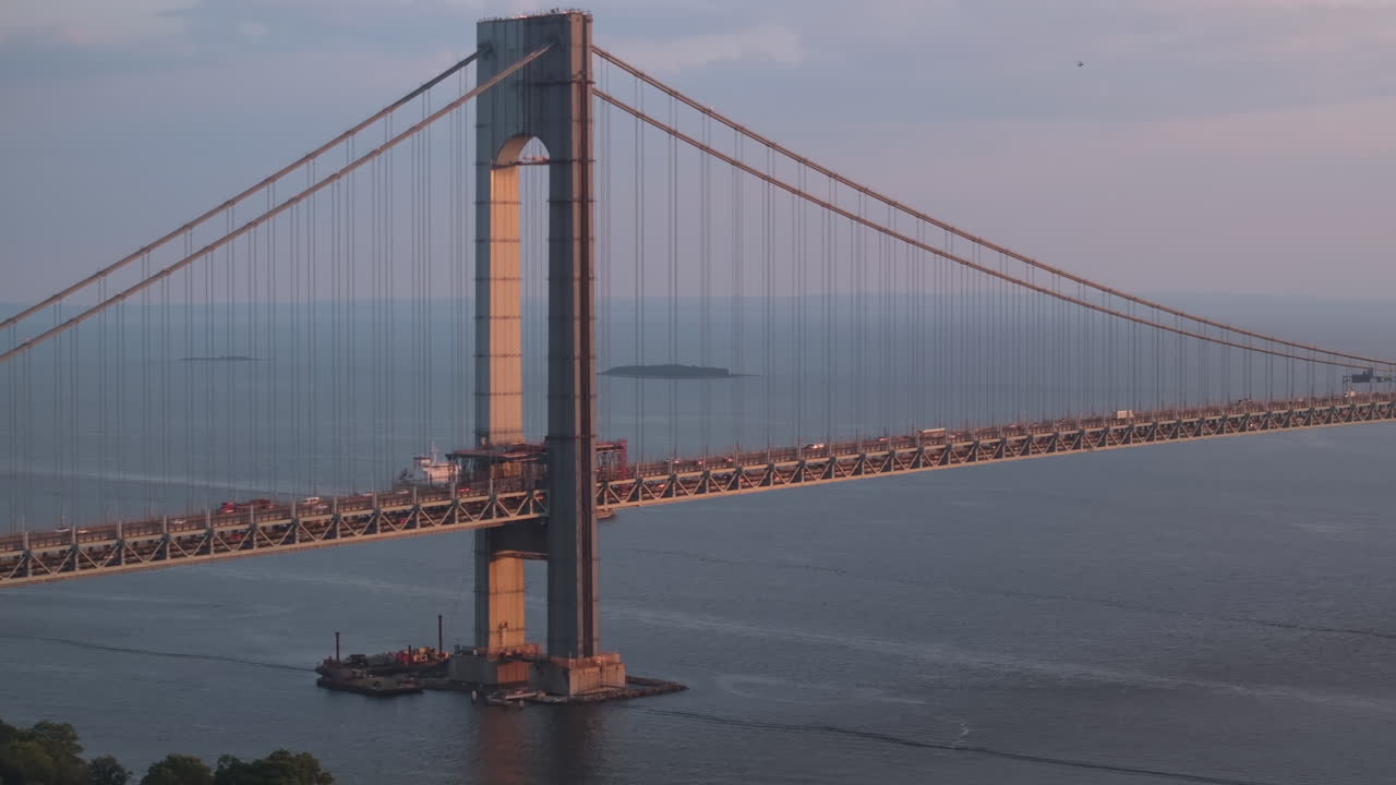 Aerial view of the Verrazzano-Narrows Bridge on a summer day. Shot in New York City