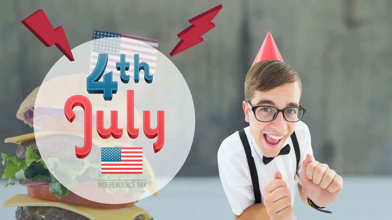 7월 4일의 애니메이션 파티 모자와 햄버거를 입은 미소 짓는 남자의 텍스트