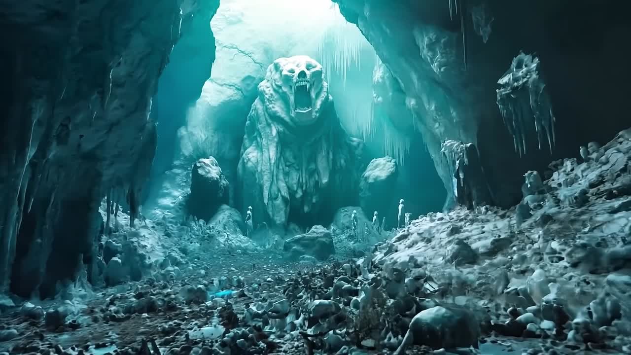 A large group of skulls in a cave with a giant monster in the background