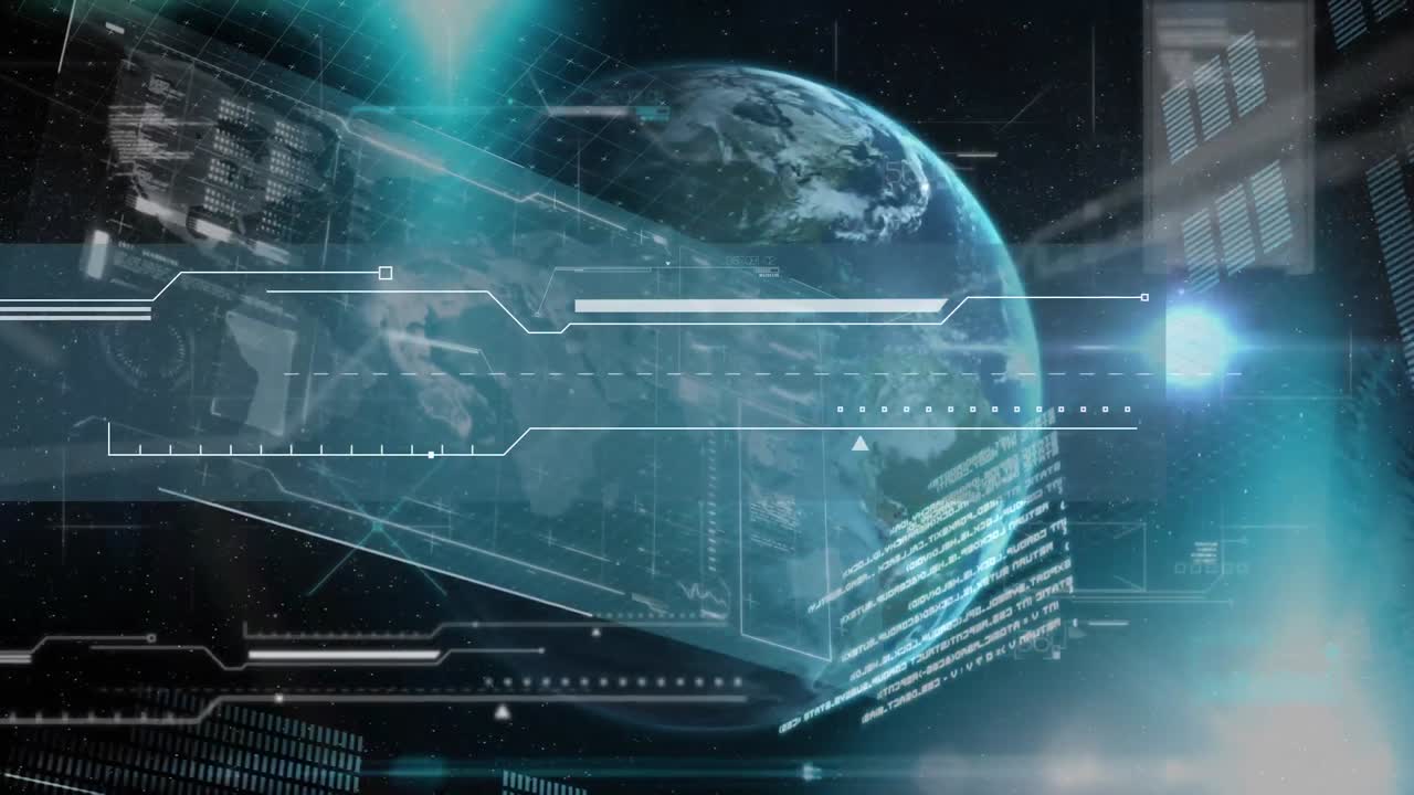 검은 바탕에 회전하는 지구에 대한 데이터 처리와 디지털 인터페이스