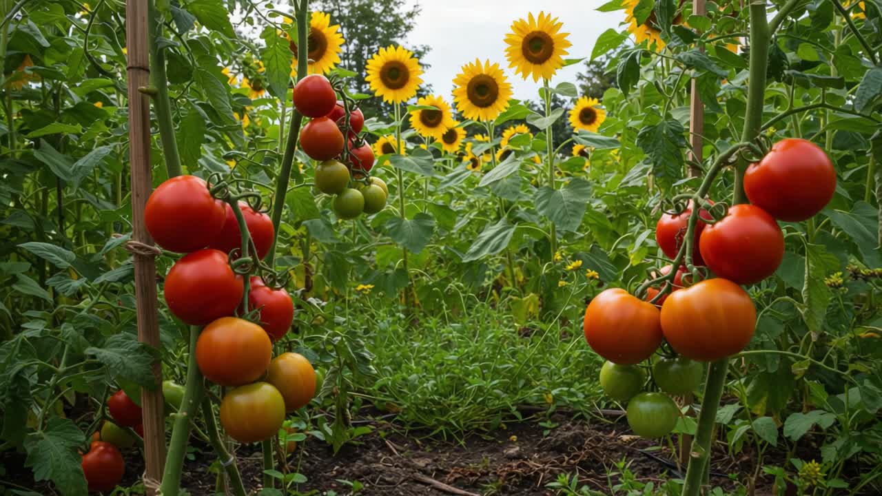 Vibrant Garden Scene Featuring Lush Red Tomatoes among Sunflowers in a Fertile Landscape - A Rich Display of Nature's Bounty and Growth