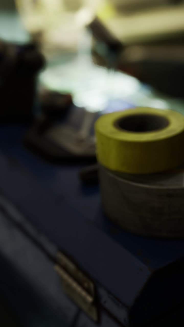 Close view of yellow tape and other tools in a workshop setting during the day