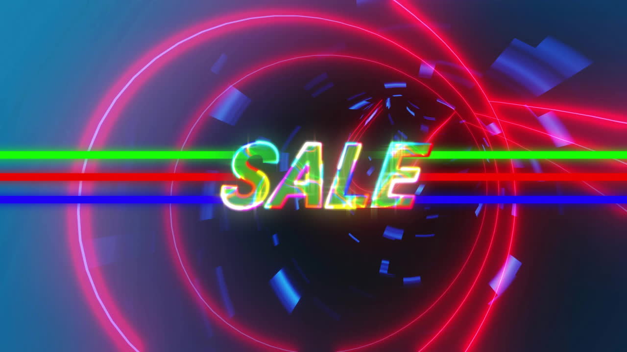 animación de texto de venta de neón sobre túnel sobre fondo azul