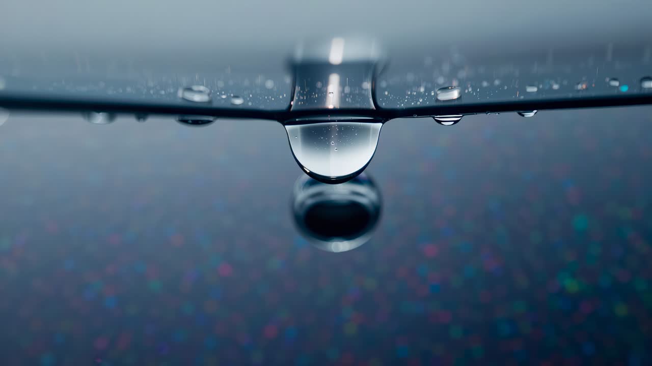 Goccia d'acqua che cade e si stacca mentre il collo si rompe dal labbro sottile in studio, l'impatto crea increspature