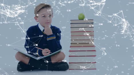 animación de un niño sentado junto a una pila de libros con una red de conectados en el fondo