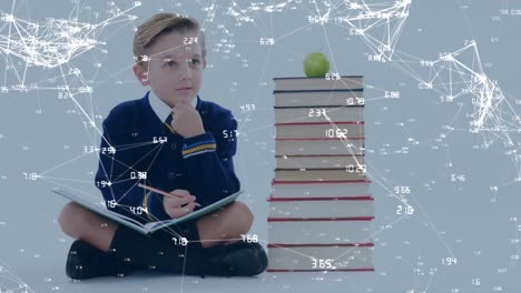 animation of a boy sitting by a pile of books with a web of connected in background