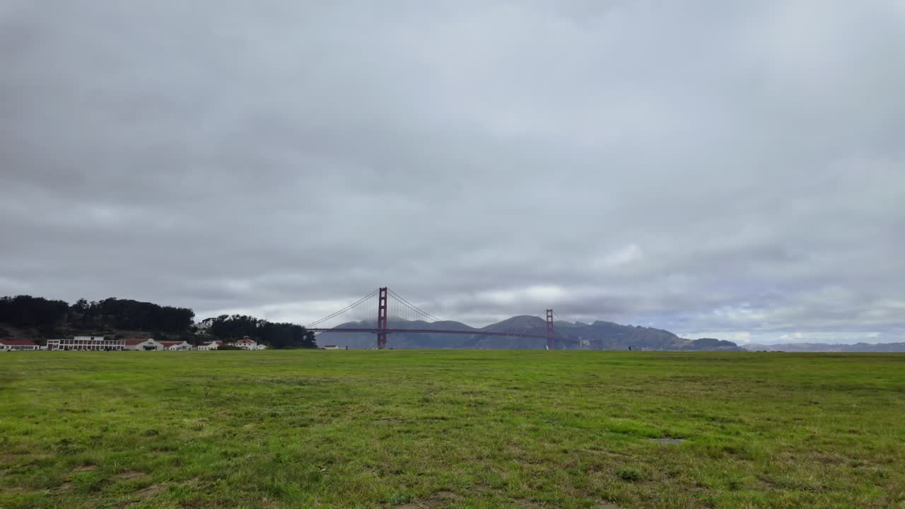 View of Golden Gate Bridge from Crissy Field in San Francisco on a cloudy day