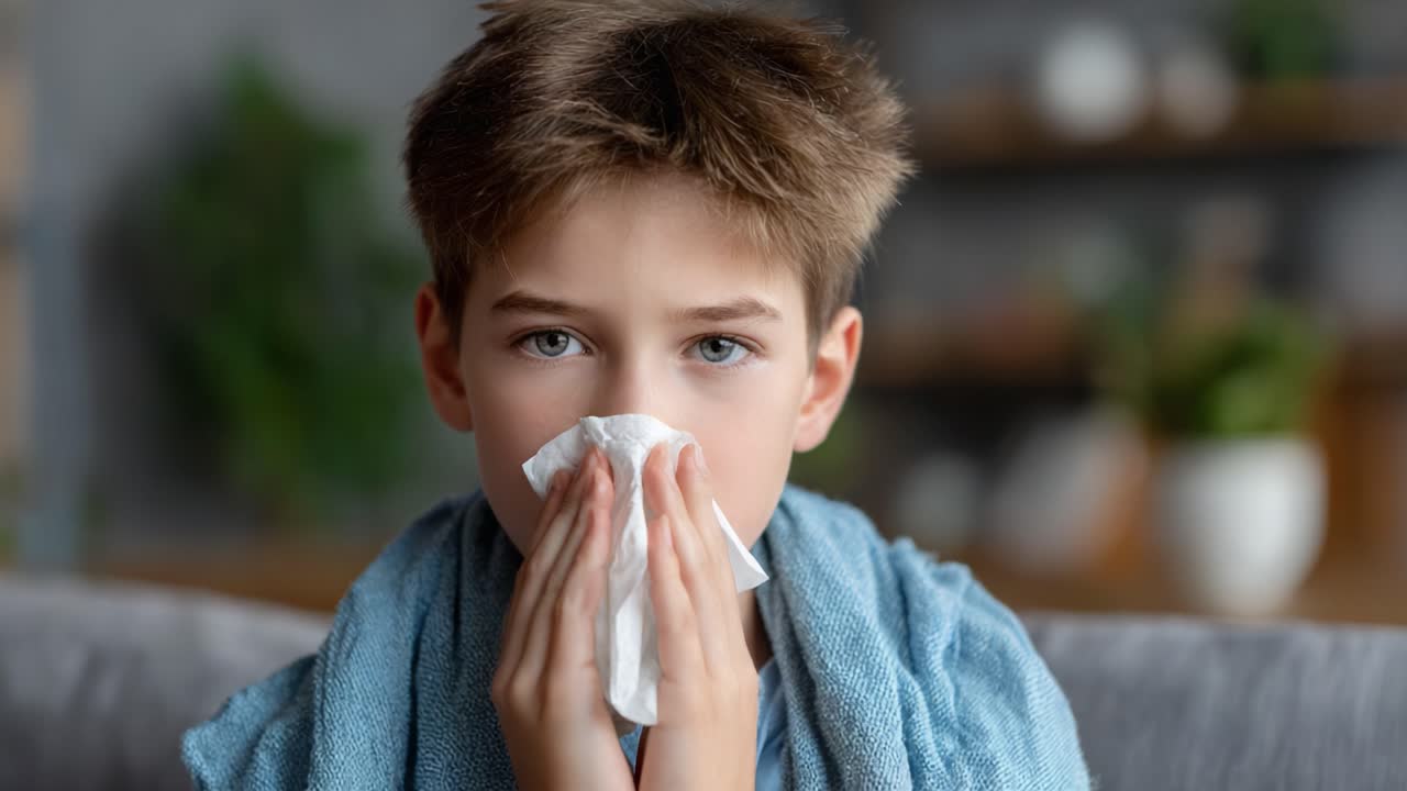 A Young Boy Sniffles and Blows His Nose While Wrapping Himself in a Cozy Blanket, Struggling with Illness and Discomfort in a Warm Indoor Setting