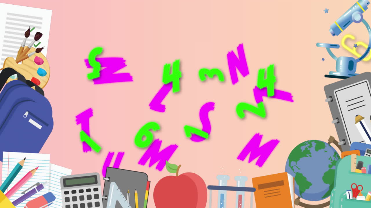 los íconos y letras animadas de la escuela sobre un fondo rosado destacan la educación.