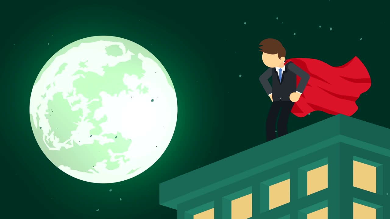 superhéroe en la ciudad de la luz de la luna. de pie sobre el rascacielos. símbolo de negocios. liderazgo y concepto de desafío. animación de bucle cómico.