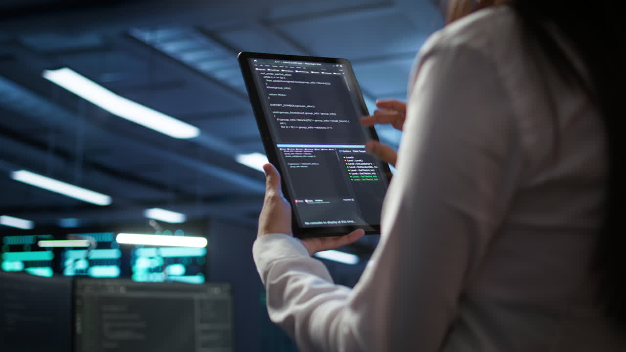 Close up of woman doing maintenance in server room using tablet