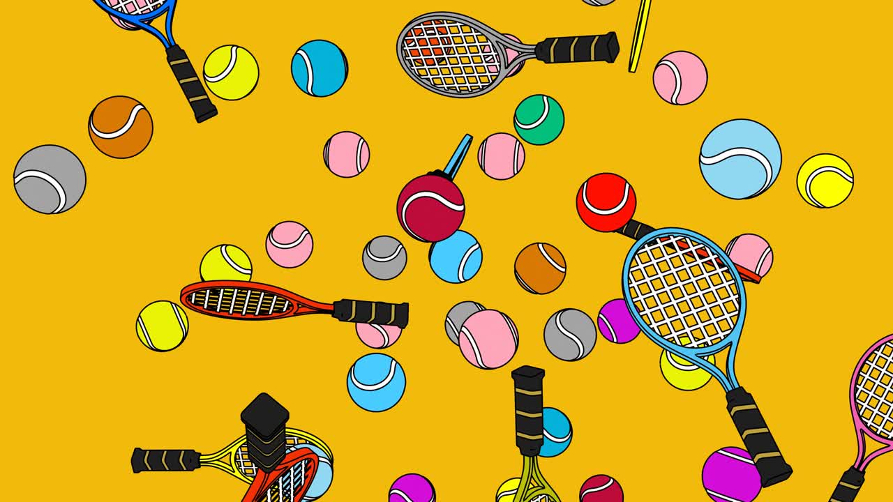 노란색 배경에 다채로운 테니스 공과 테니스 라켓을 그렸습니다.