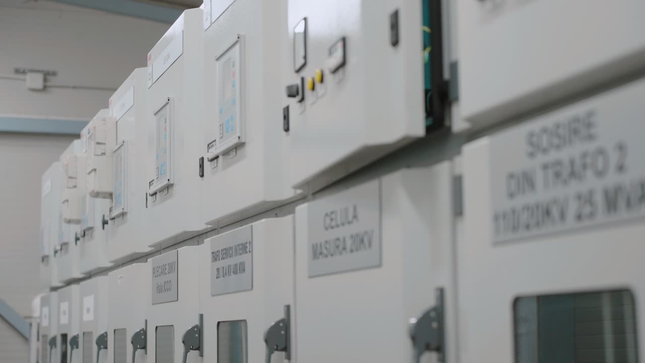Row of control panels in a utility room, industrial technology theme