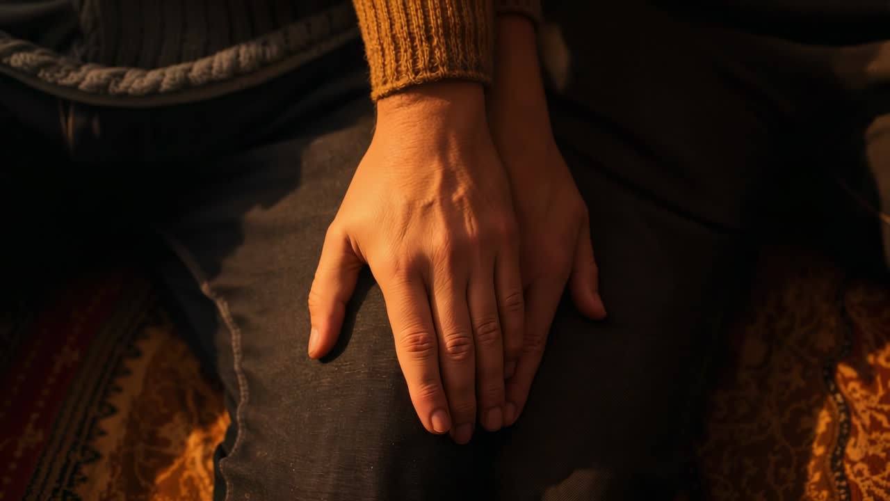 Placing right hand settling for rest, shifting fingers on denim thigh at home, with mustard cuff