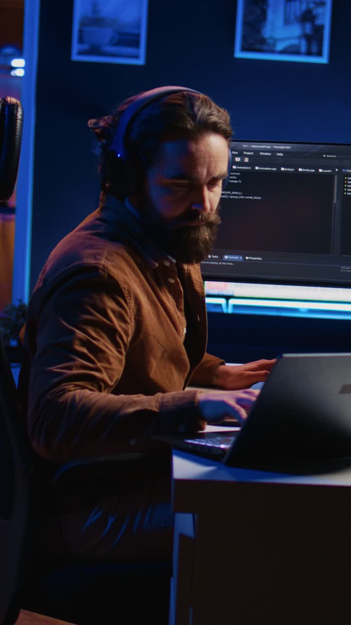 Focused Programmer Working on Laptop and Computer Screen at Night