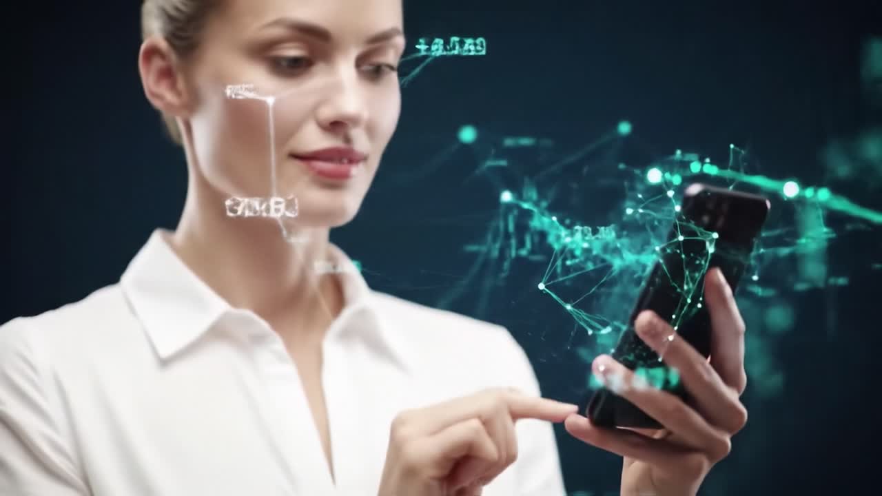 A confident businesswoman analyzes data through a smartphone as digital graphs and statistics overlay her focused expression, emphasizing the fusion of technology and information.