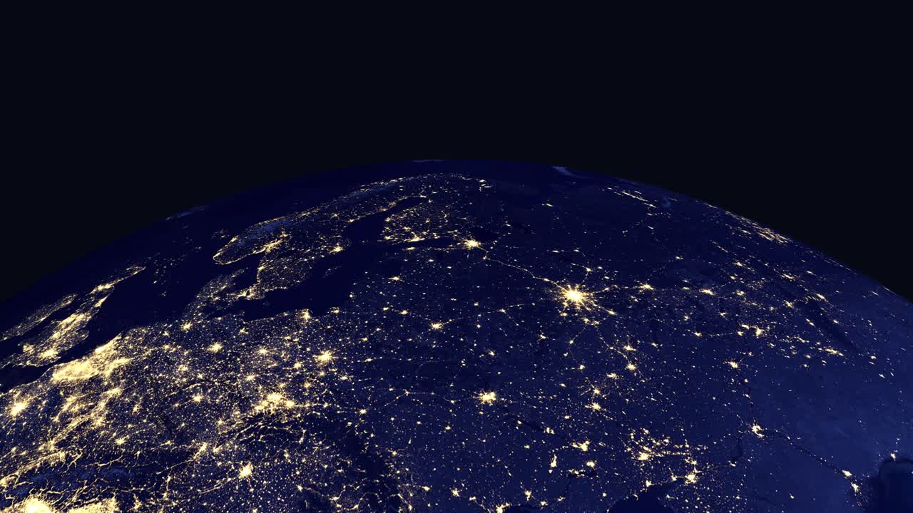Digital animation zooms from outer space into a detailed night view of Tallinn, Estonia