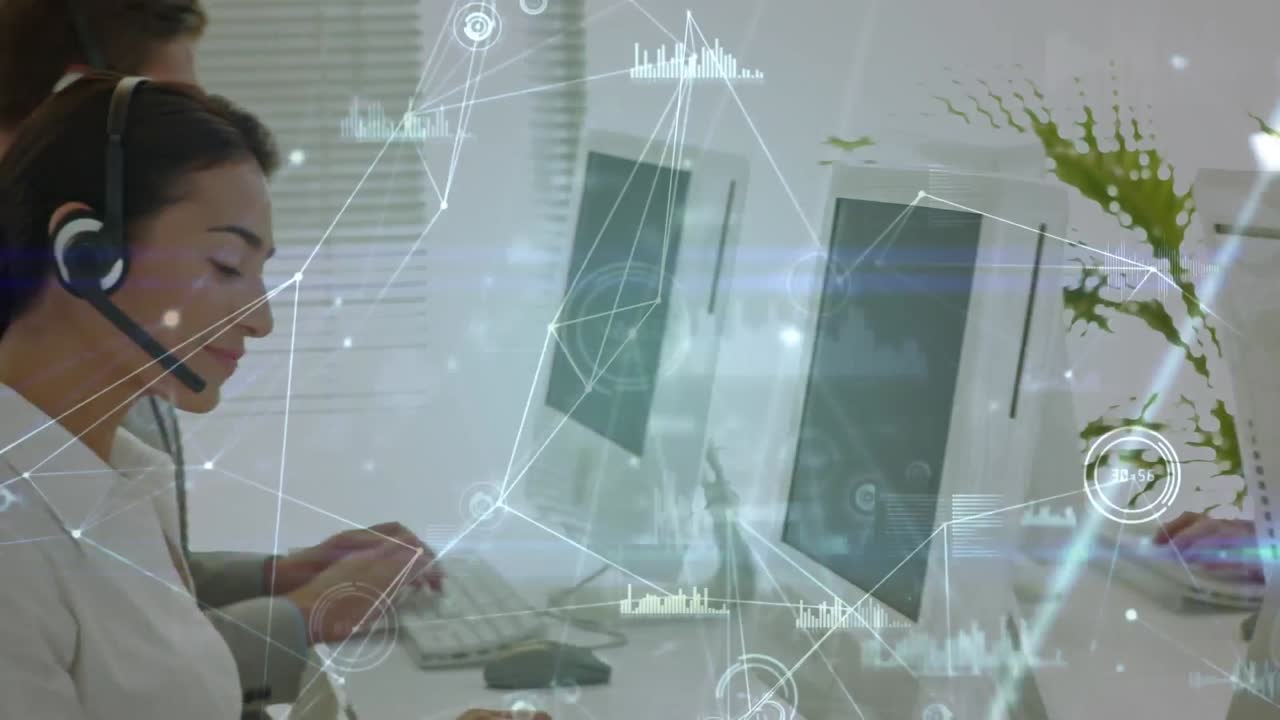 전화 헤드 ⁇ 을 사용하는 비즈니스 사람들을 통해 연결 네트워크의 애니메이션