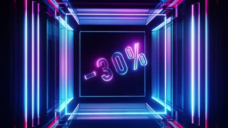 30% discount rotating in a glass neon cube. loop animation