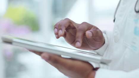 tablet, typing and hands of doctor doing research