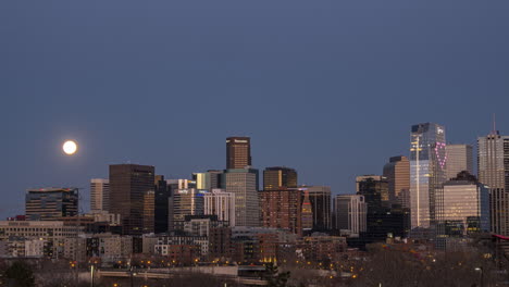 Supermoon-moonrise-day-to-night-motion-time-lapse-over-Denver-city-skyline