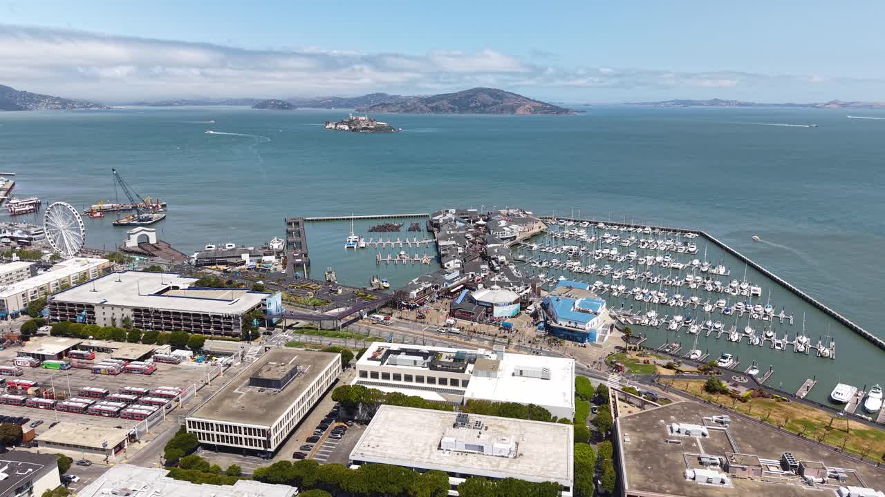 Aerial View of Fisherman's Wharf, San Francisco USA, Piers and Alcatraz Island in Bay