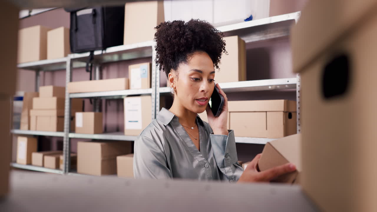 Female Entrepreneur on Phone Call in Warehouse with Boxes