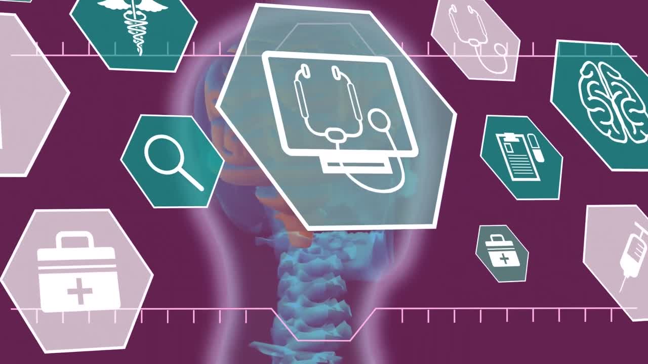 animación de hexágonos con iconos científicos sobre modelo de cabeza humana en fondo púrpura