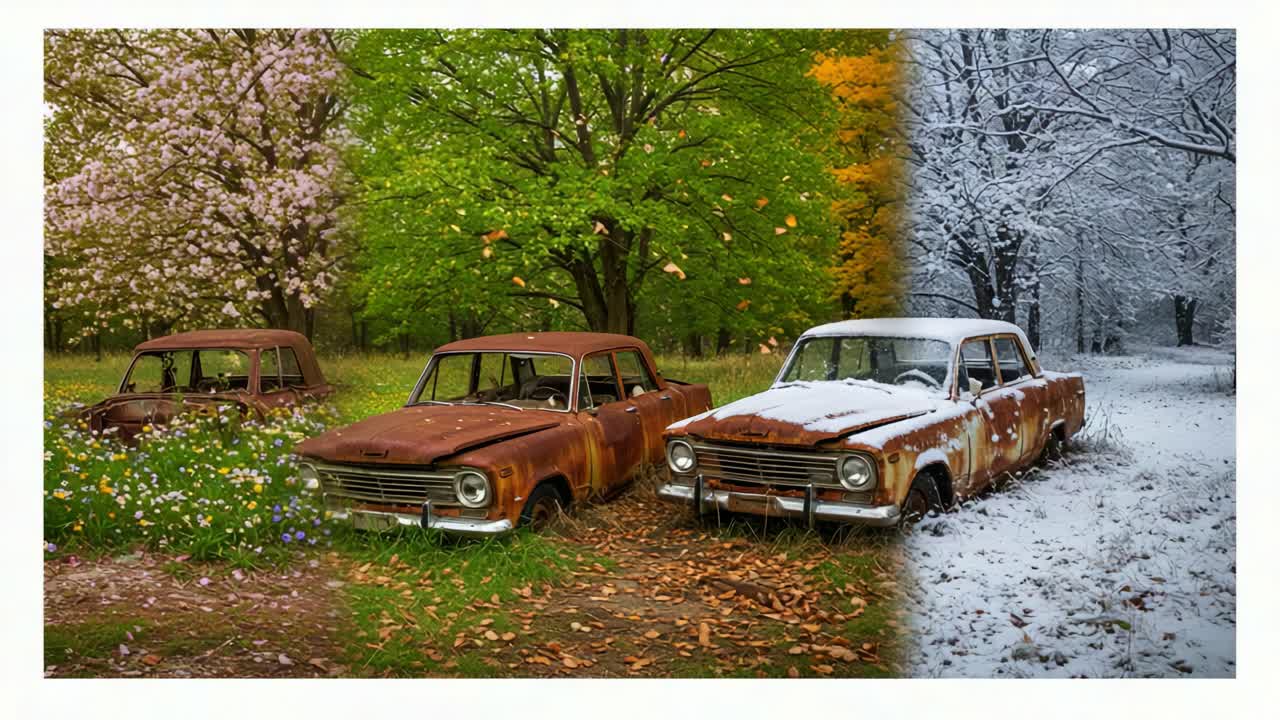 A Visual Journey Through Seasons: Decaying Cars Amidst Blossoming Trees, Vibrant Autumn Foliage, and a Serene Winter Wonderland