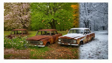 a visual journey through seasons: decaying cars amidst blossoming trees, vibrant autumn foliage, and a serene winter wonderland