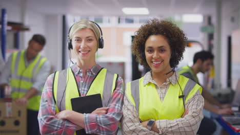 portrait of two female workers wearing headsets in distribution warehouse using digital tablet